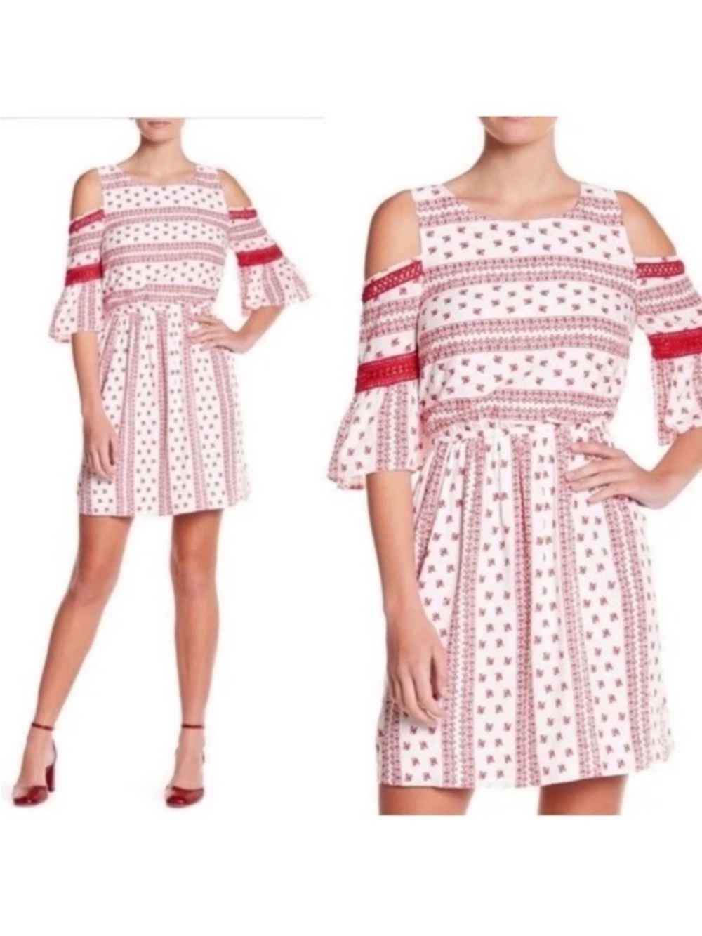 SKIES ARE BLUE Dress Sz S Red White Scoop Neck 3/4 Flutter Sleeve Cut Out NWT